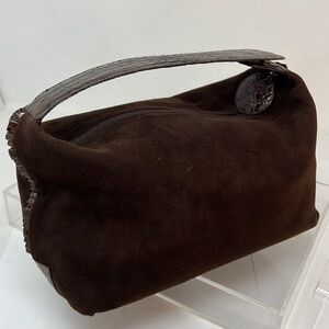 Nancy Gonzalez Brown Suede and Crocodile Zip-top Pochette Handbag